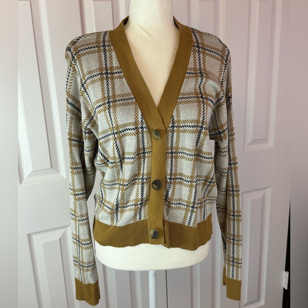 Loft Outlet Mustard Plaid Cardigan, Size M